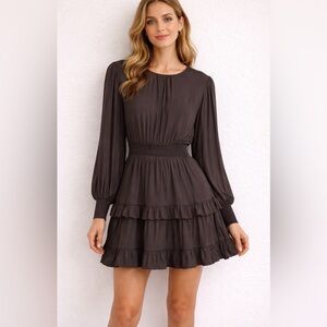 Do+Be Olive/ Gray Midi Dress Long Sleeve Smocked Waist Tiered Flowy Size S